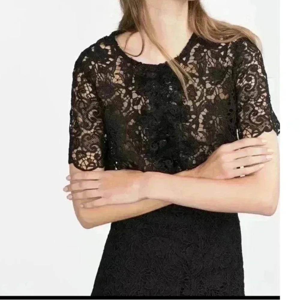 ZARA WOMAN GUIPURE‎ BLOUSE XS S BLACK LACE CROCHET TOP